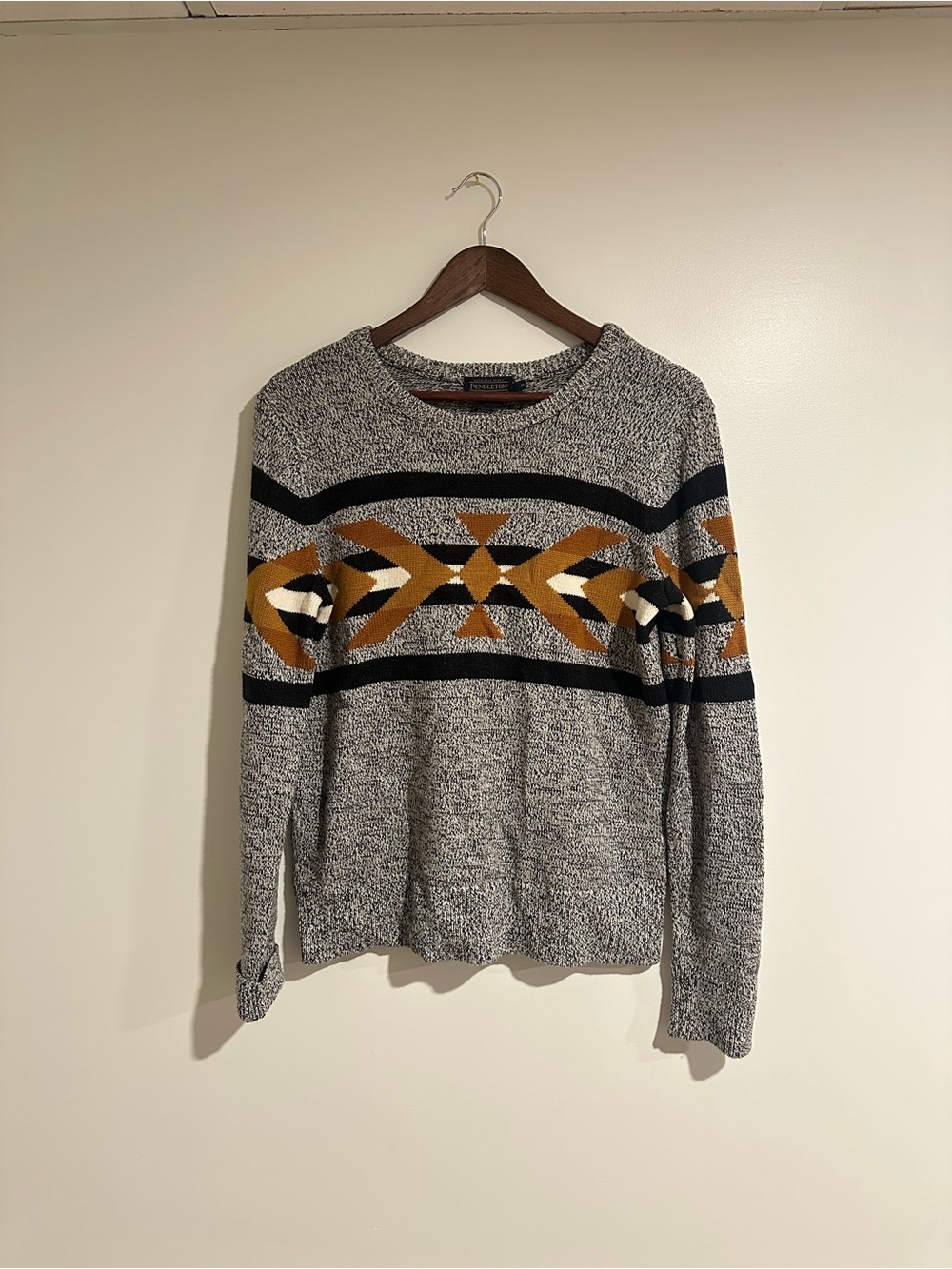 Pendleton Gray Crewneck Sweater with Black and Mustard Geometric Stripe